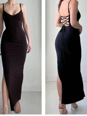 NWT AYM Elva Strappy Back Maxi Dress Lace up Stretch Shapewear Bodycon sz S